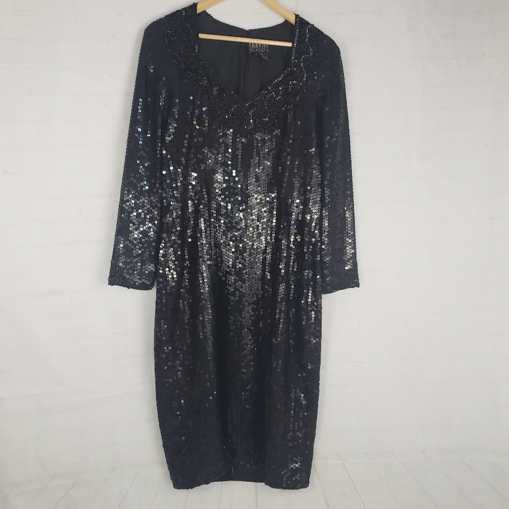 Vtg Beaded Sequin Black Formal Party Midi Dress